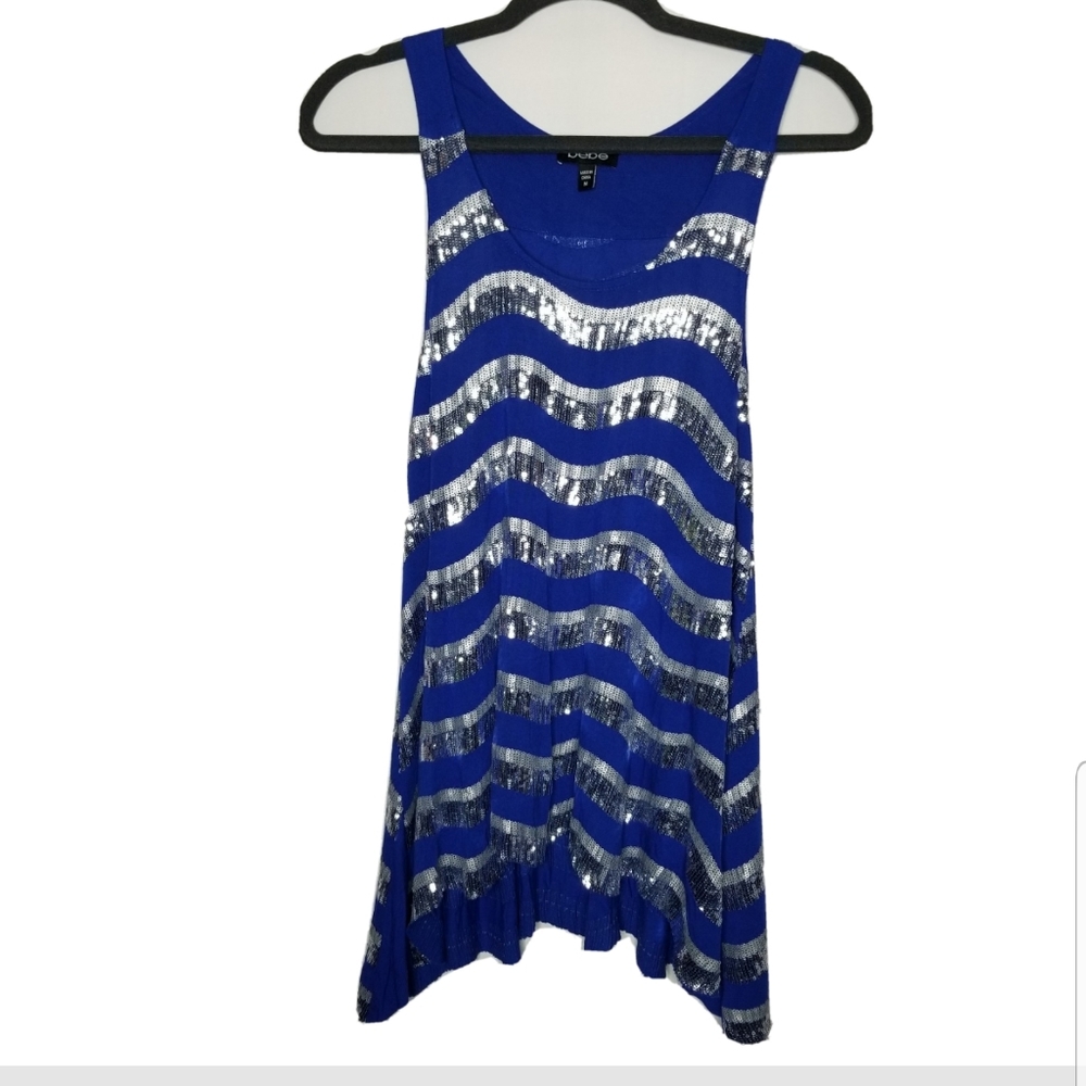 Bebe Blue/ Silver sequin Racerback Striped High Lo